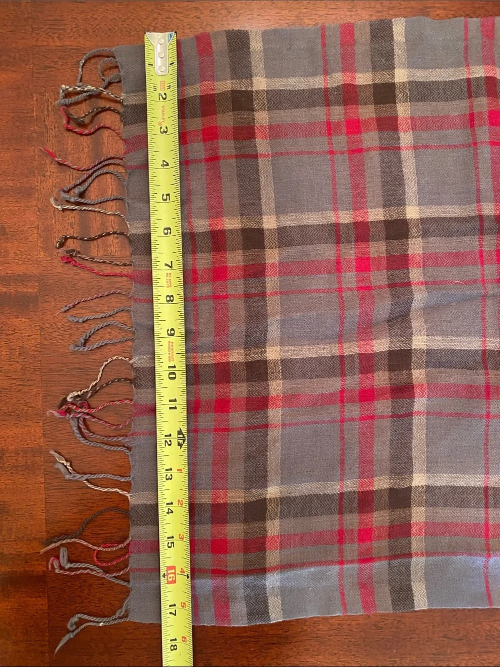 Dries Van Noten Gray Plaid Wool Scarf with Red Accents